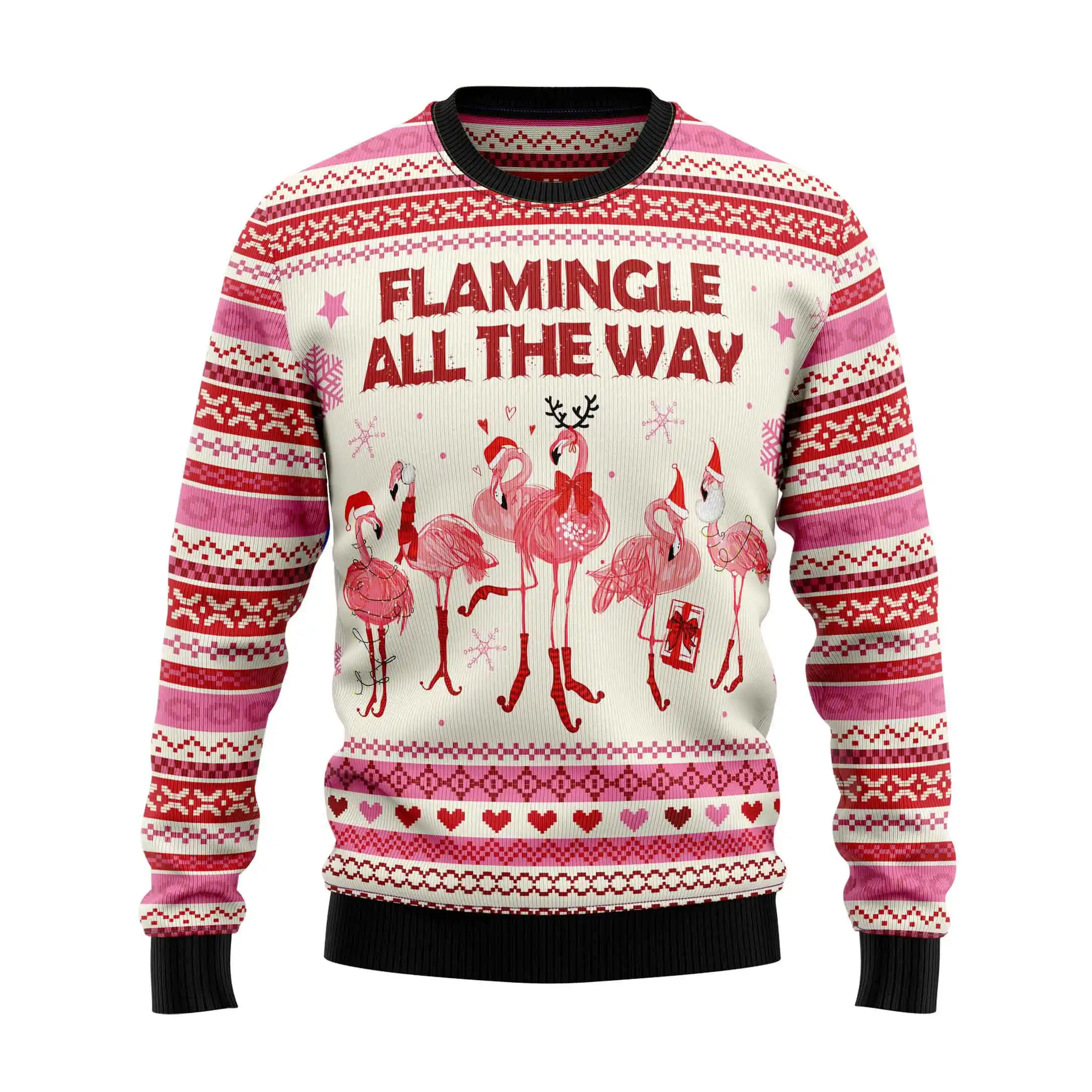 Unisex Vintage Flamingo Flamingle All The Ways Print Crew Neck Ugly Christmas Sweatshirt